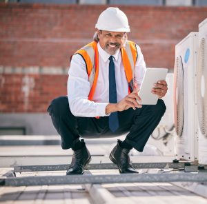 Engineering man, air conditioner and tablet for HVAC power, heating generator or fan check in portr